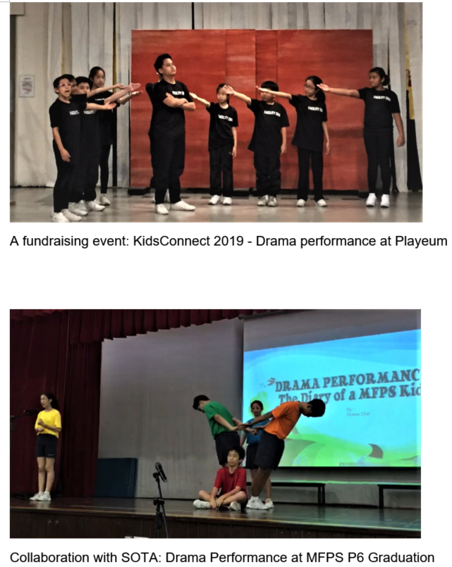 Two student drama performances: one with children in black on stage, another on a school stage with a projected Drama Performance slide.